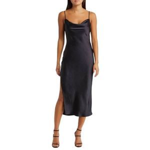 Banana Republic Women's Black Charmeuse Satin Poly Valley Midi Cowl Neck Slip Dr